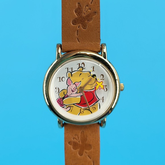 Winnie The Pooh &‎ Piglet Watch Leather Straps Butterfly Second Hand Vintage 90s - Picture 1 of 13